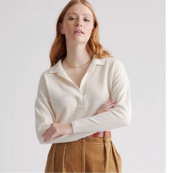 QUINCE 100% Mongolian Cashmere Polo Sweater Ivory Kitten Soft Preppy Medium - Picture 1 of 6